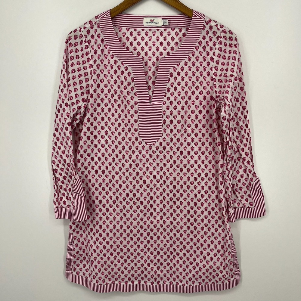 Vineyard Vines Blouse Women's Size XS Pink Floral Print V Neck 3/4 Sleeve
